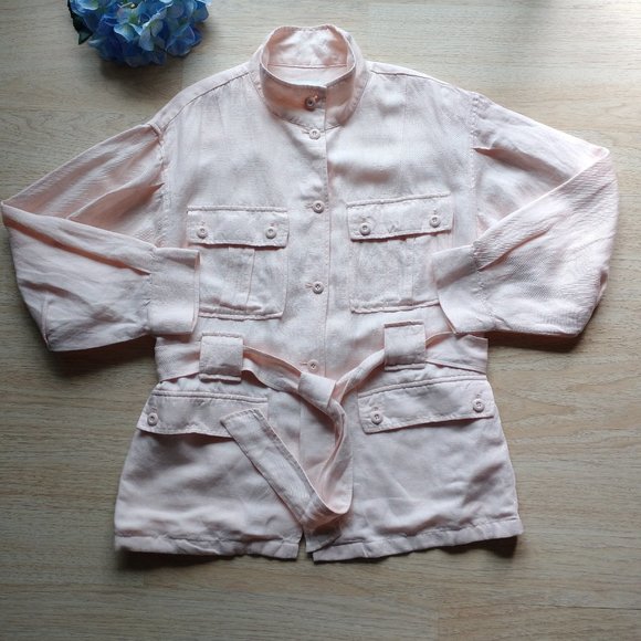 Joie Sirena Linen Blend Utility Military Jacket Belt Shell Pink Women Size L - Picture 10 of 14